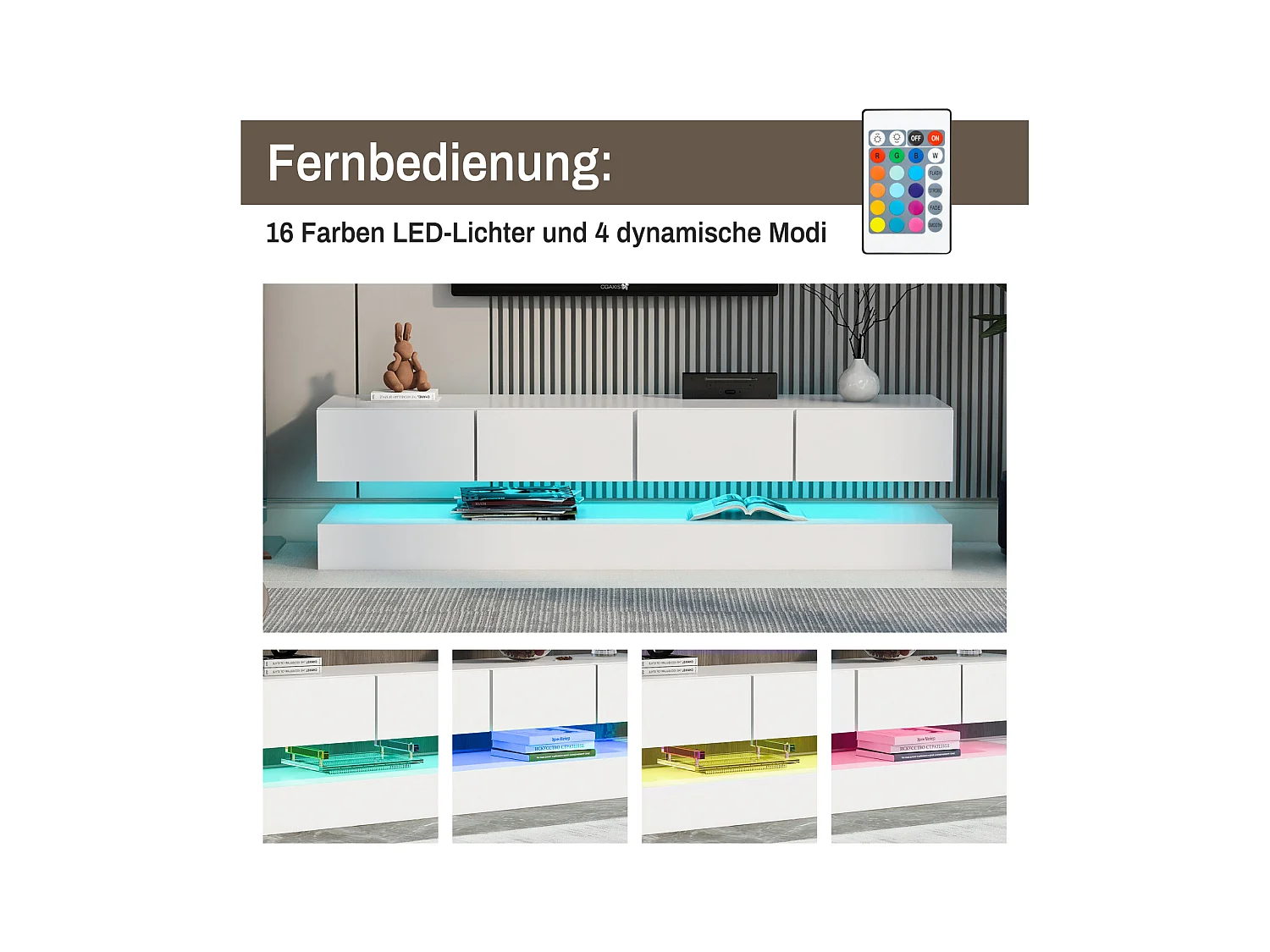 Meuble TV mural 130x33x15cm, 2 caissons et 4 tiroirs, LED 16 couleurs, jusqu'à 55 pouces