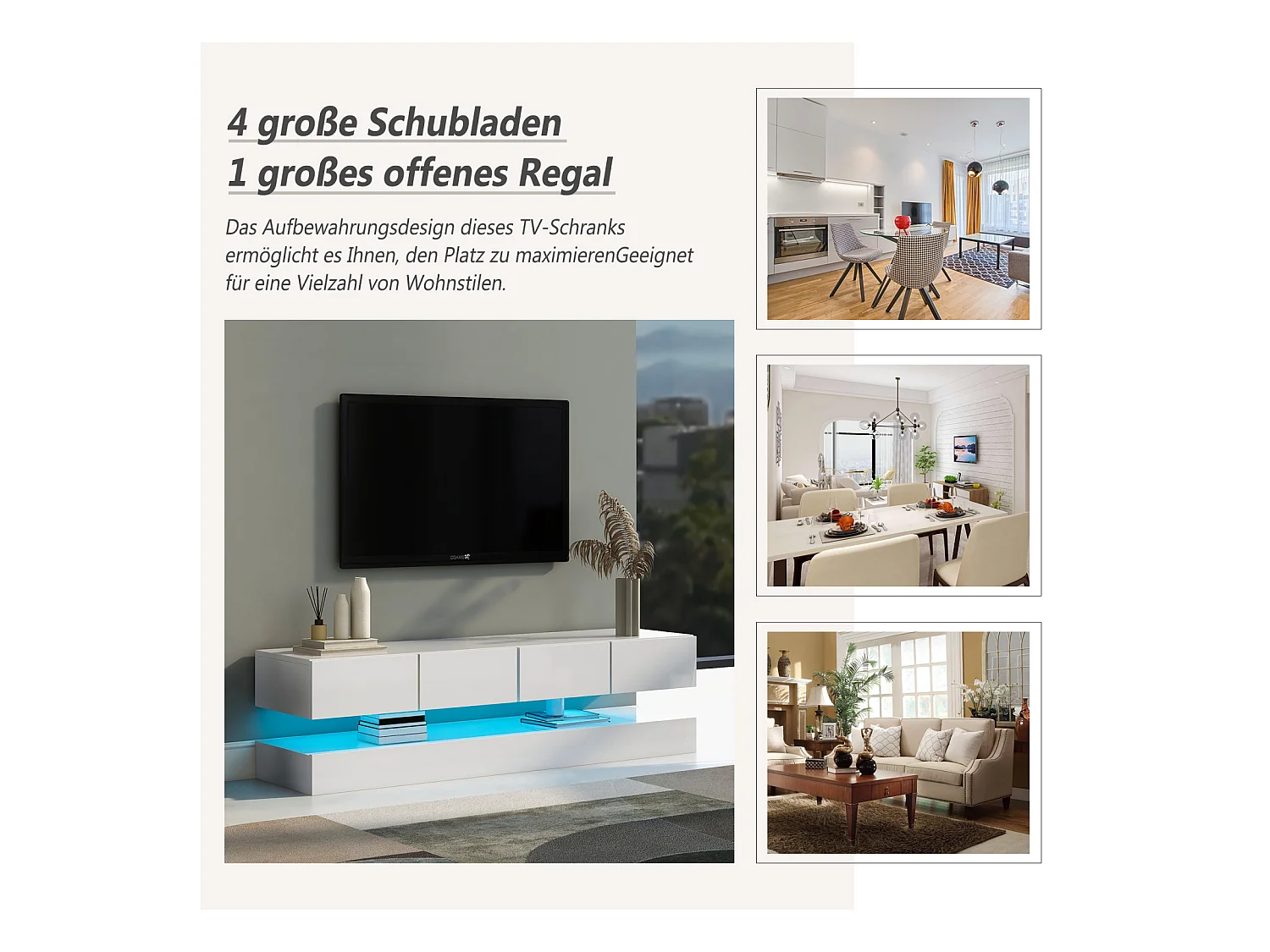 Meuble TV mural 130x33x15cm, 2 caissons et 4 tiroirs, LED 16 couleurs, jusqu'à 55 pouces