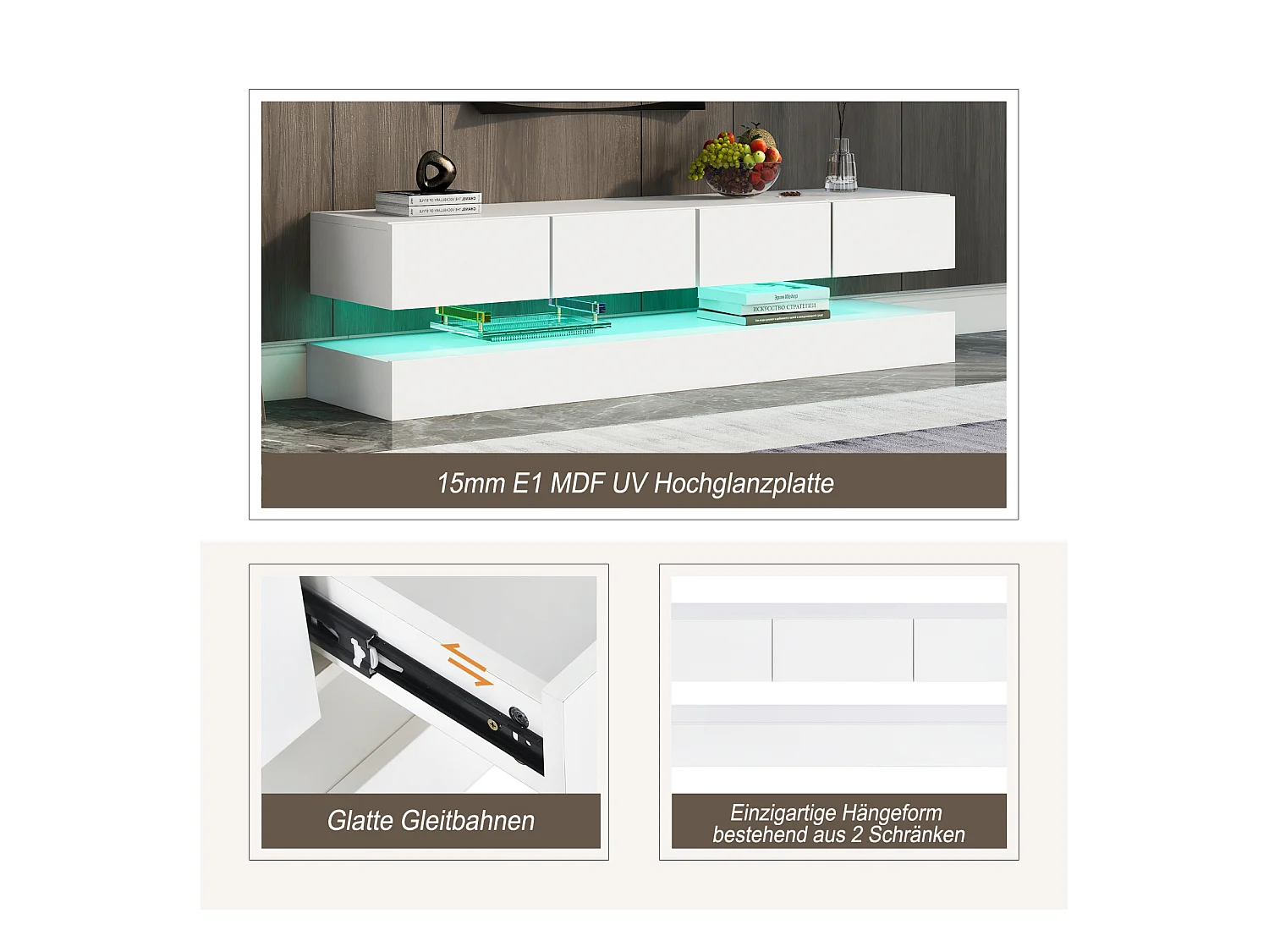 Meuble TV mural 130x33x15cm, 2 caissons et 4 tiroirs, LED 16 couleurs, jusqu'à 55 pouces