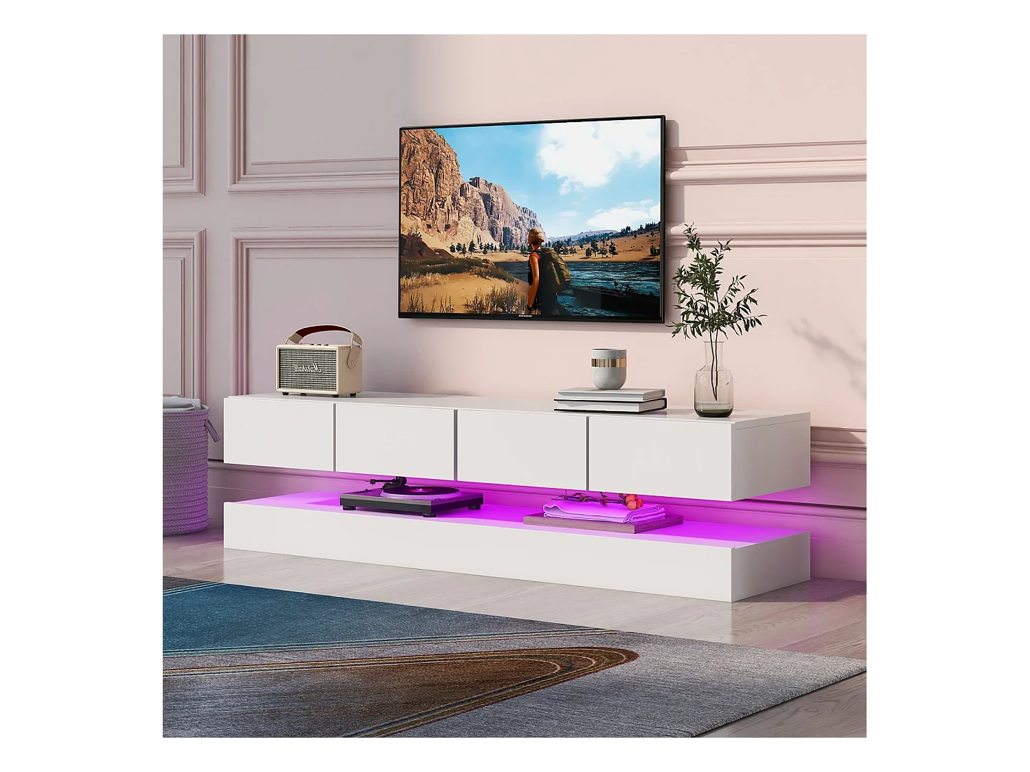 Meuble TV mural 130x33x15cm, 2 caissons et 4 tiroirs, LED 16 couleurs, jusqu'à 55 pouces