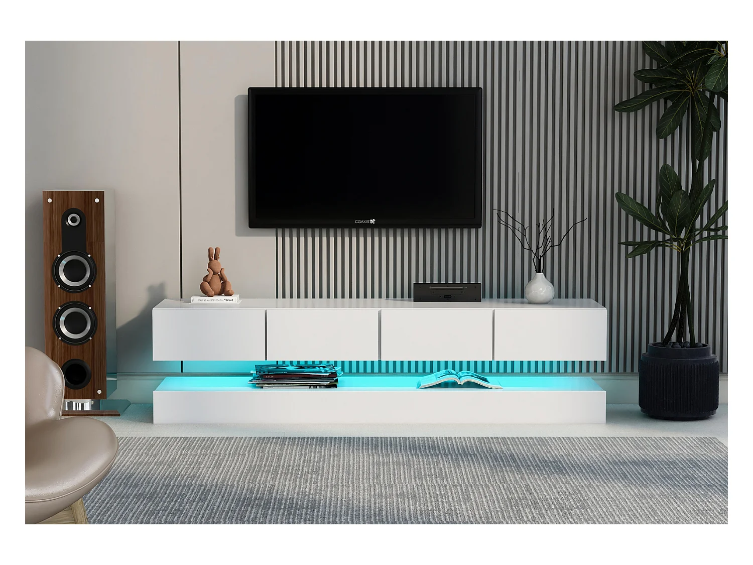 Mobiletto TV a parete 130x33x15cm, 2 armadi e 4 cassetti, LED a 16 colori, per televisori fino a 55 pollici
