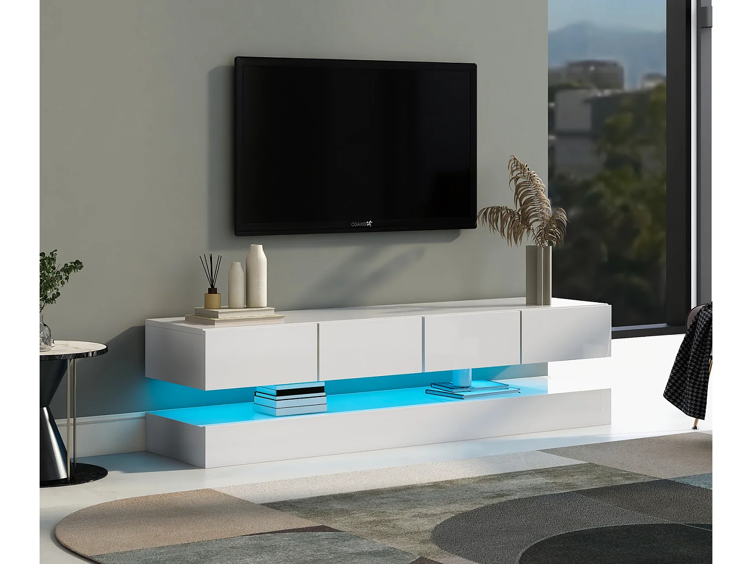 Meuble TV mural 130x33x15cm, 2 caissons et 4 tiroirs, LED 16 couleurs, jusqu'à 55 pouces