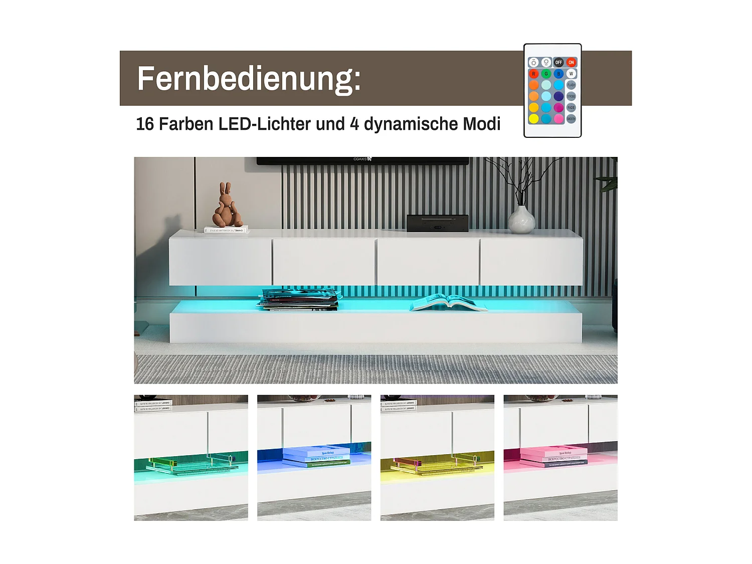 Meuble TV mural 130x33x15cm, 2 caissons et 4 tiroirs, LED 16 couleurs, jusqu'à 55 pouces