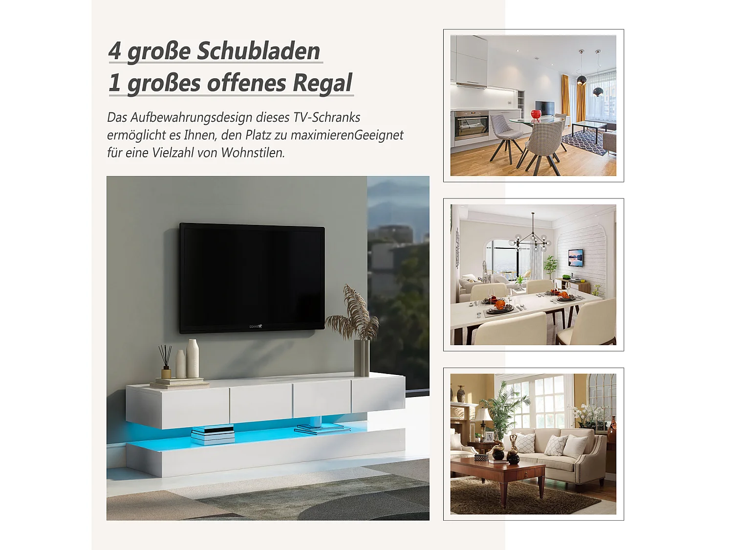 Meuble TV mural 130x33x15cm, 2 caissons et 4 tiroirs, LED 16 couleurs, jusqu'à 55 pouces