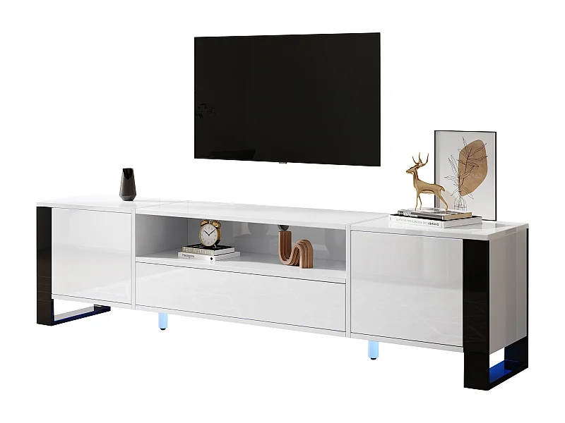 Meuble TV 178 cm, blanc brillant avec éclairage LED, espace de rangement, jusqu'à 70 pouces