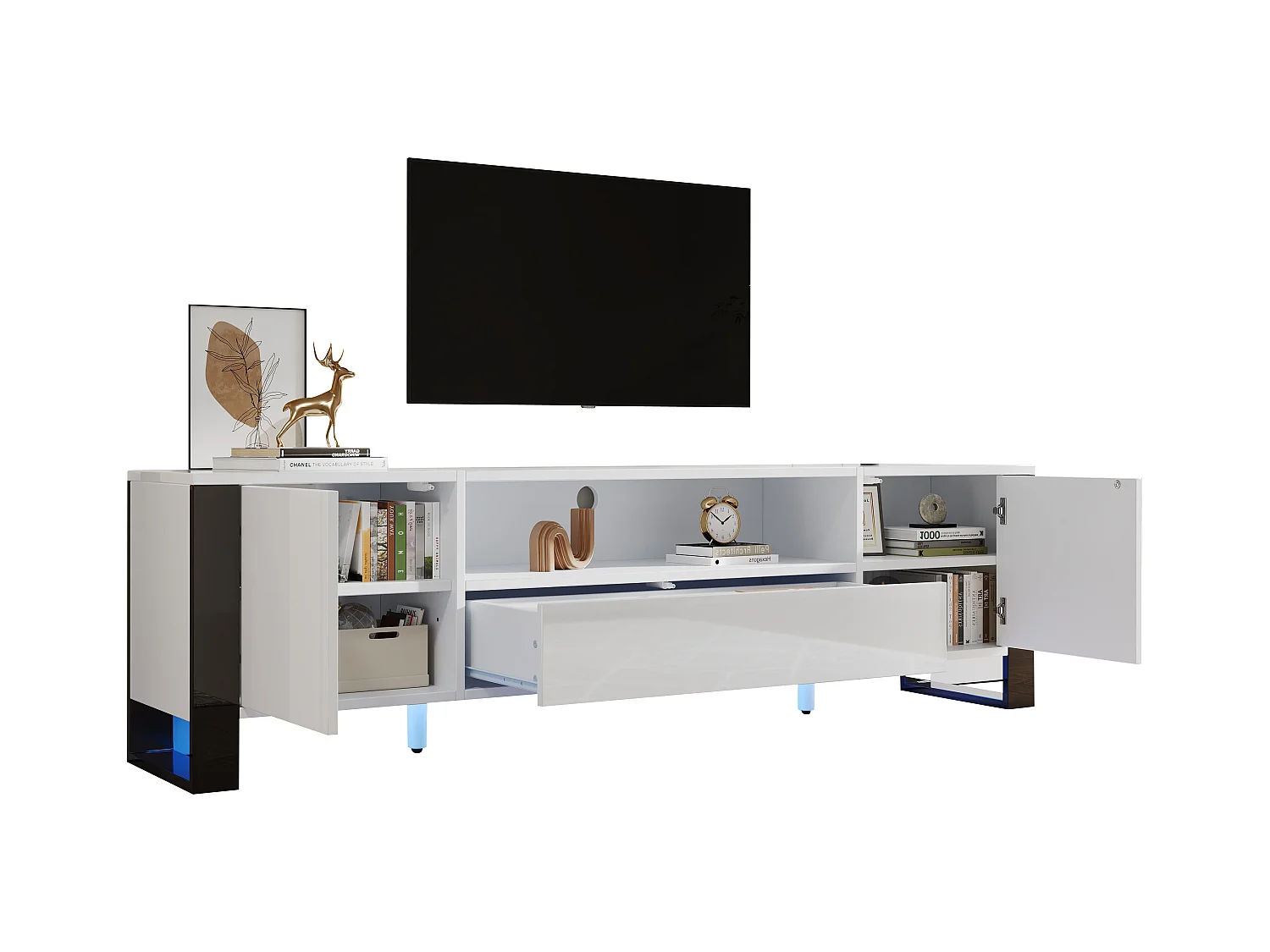 Meuble TV 178 cm, blanc brillant avec éclairage LED, espace de rangement, jusqu'à 70 pouces