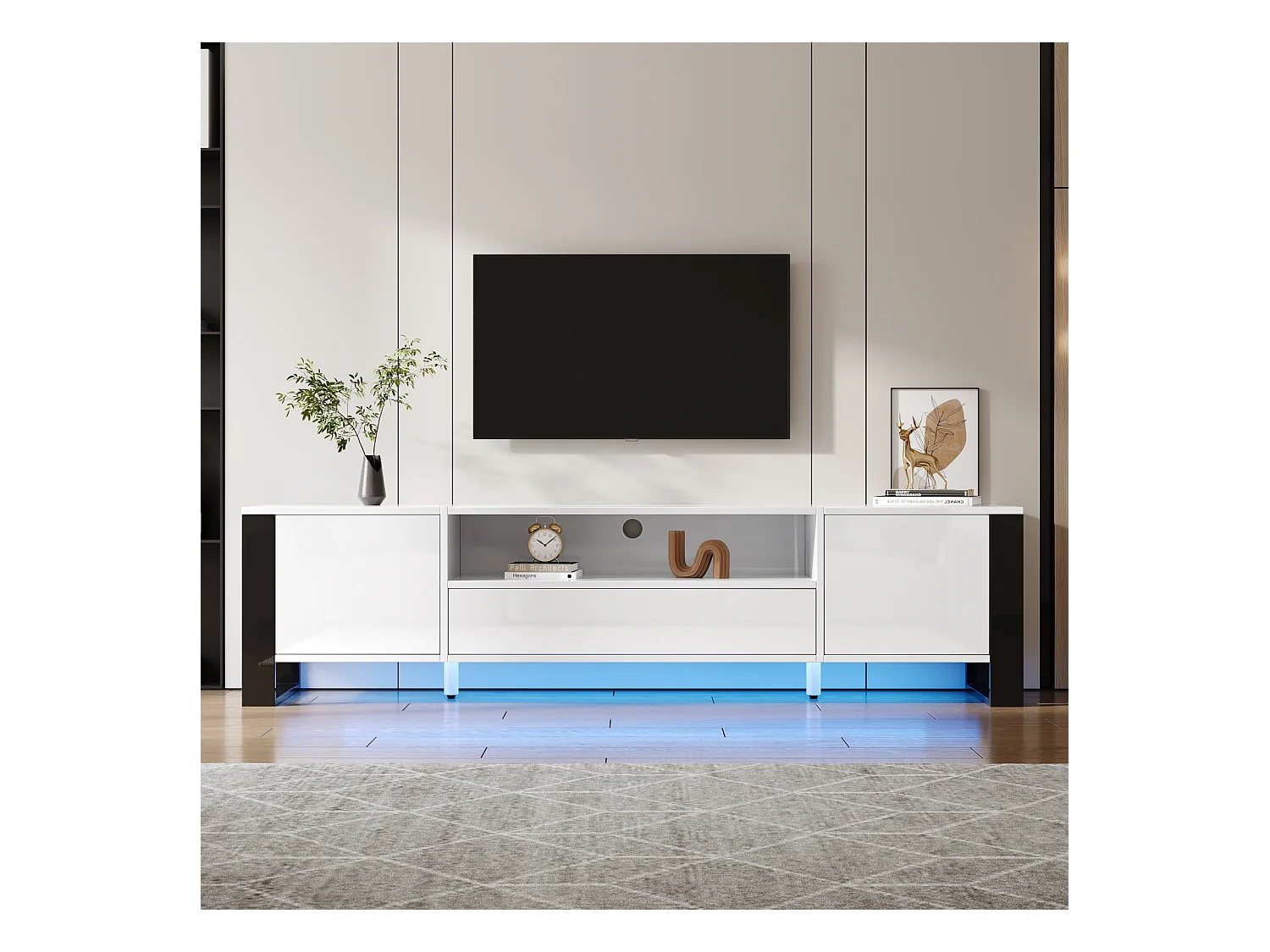 Meuble TV 178 cm, blanc brillant avec éclairage LED, espace de rangement, jusqu'à 70 pouces