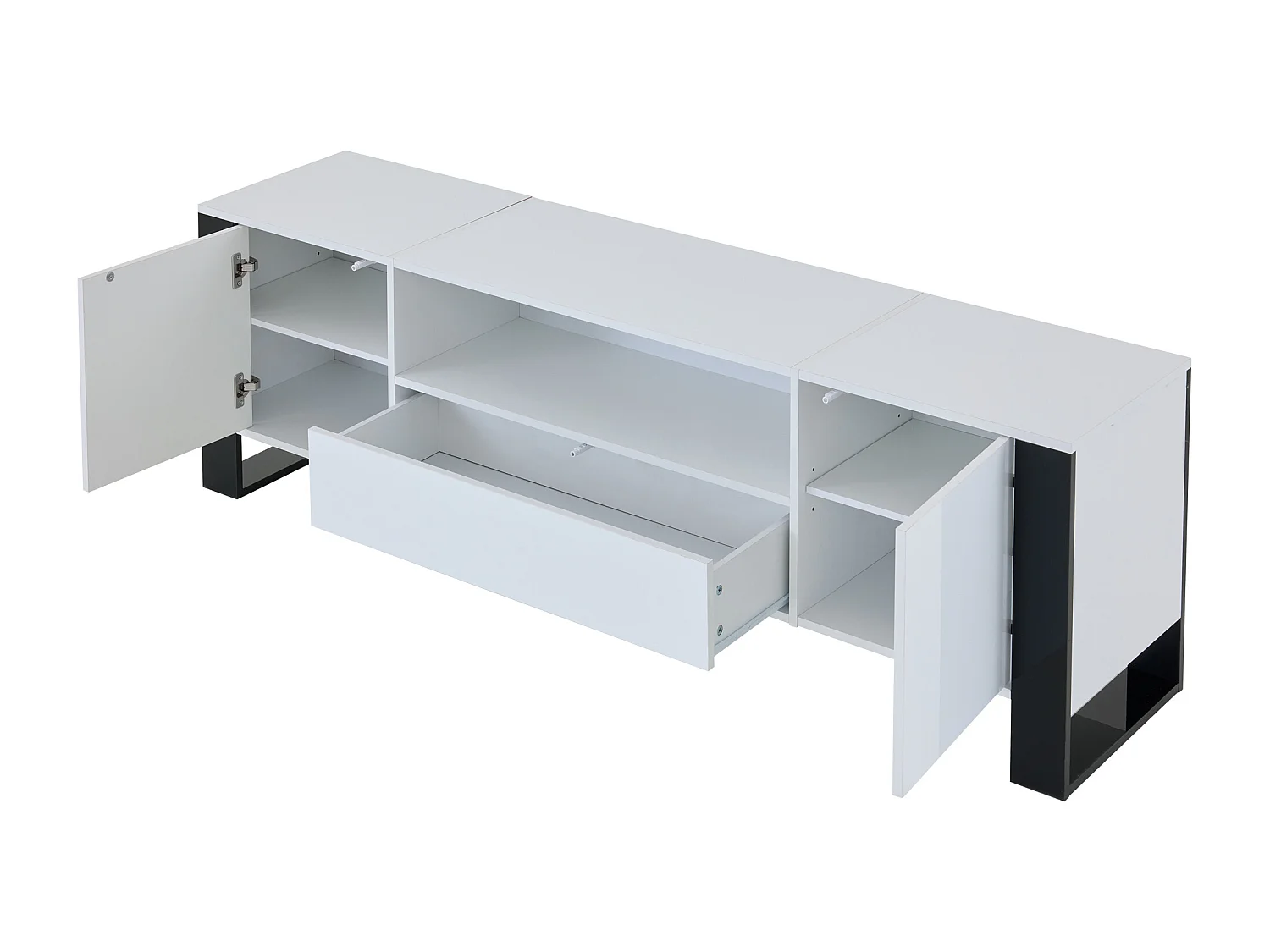 Meuble TV 178 cm, blanc brillant avec éclairage LED, espace de rangement, jusqu'à 70 pouces