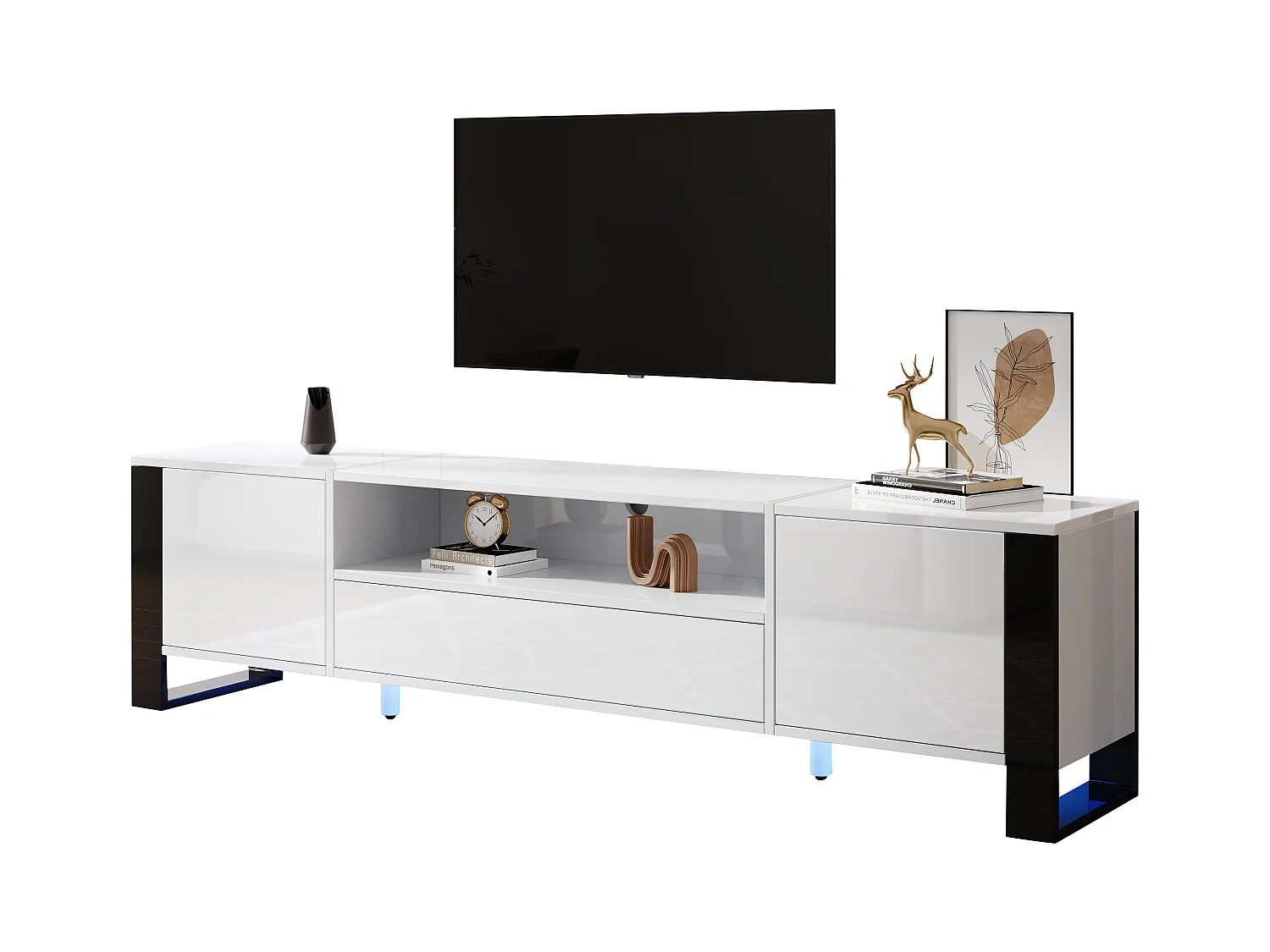 Meuble TV 178 cm, blanc brillant avec éclairage LED, espace de rangement, jusqu'à 70 pouces