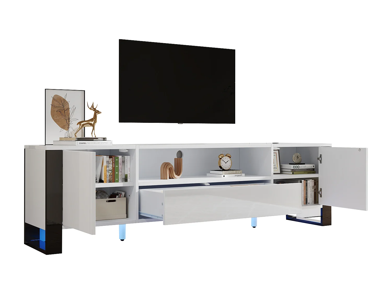 Mobiletto TV 178cm, Bianco lucido con illuminazione LED, spazio di stoccaggio, per televisori fino a 70 pollici