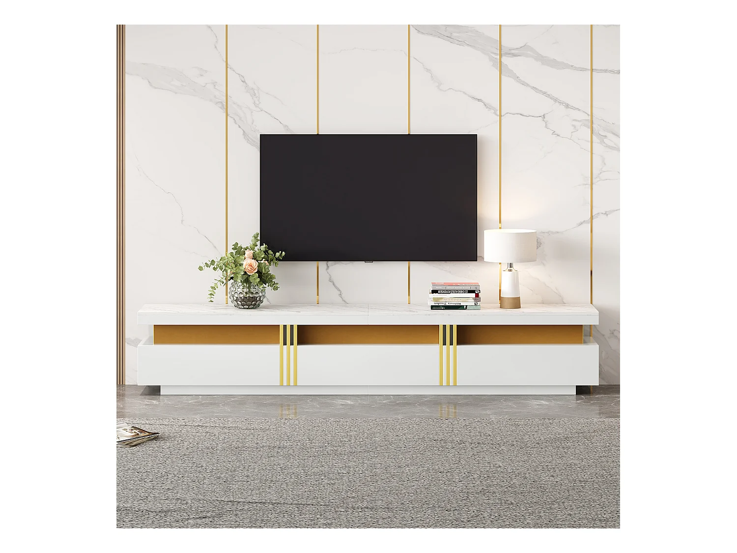 Mobiletto TV 200x40x42cm, Effetto Marmo, 3 cassetti, per televisori fino a 90 pollici