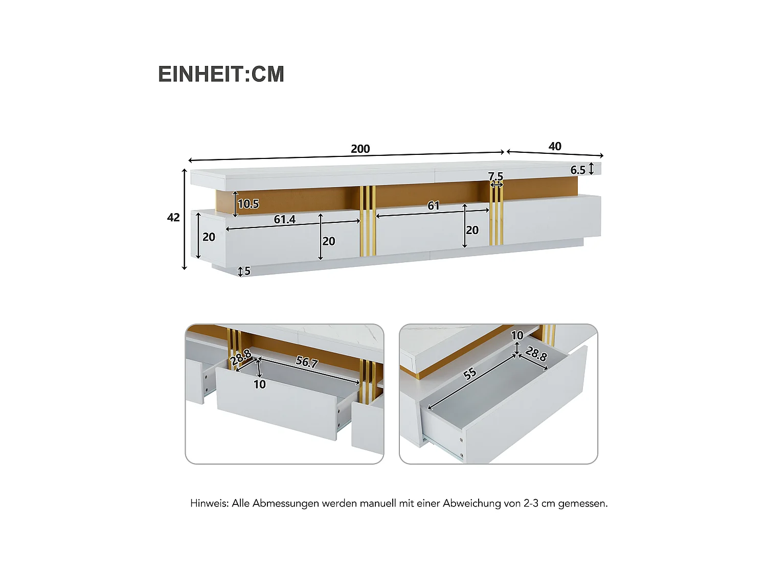 Mobiletto TV 200x40x42cm, Effetto Marmo, 3 cassetti, per televisori fino a 90 pollici