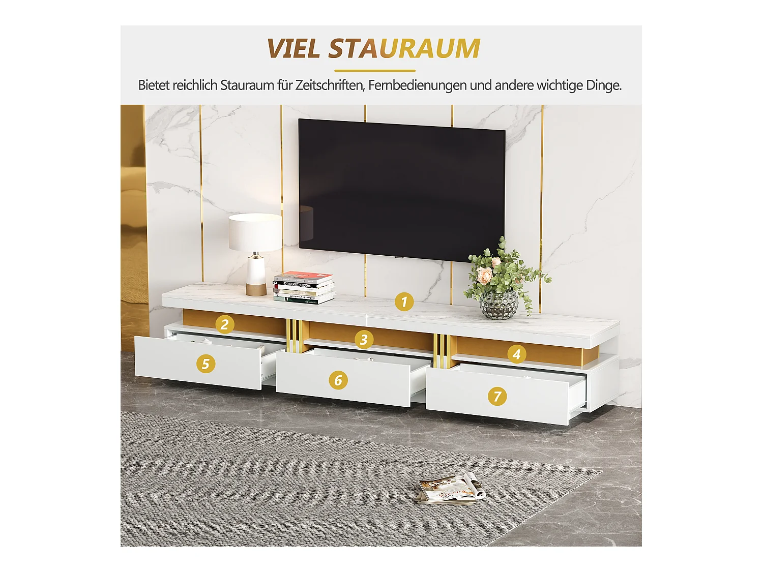 Mobiletto TV 200x40x42cm, Effetto Marmo, 3 cassetti, per televisori fino a 90 pollici