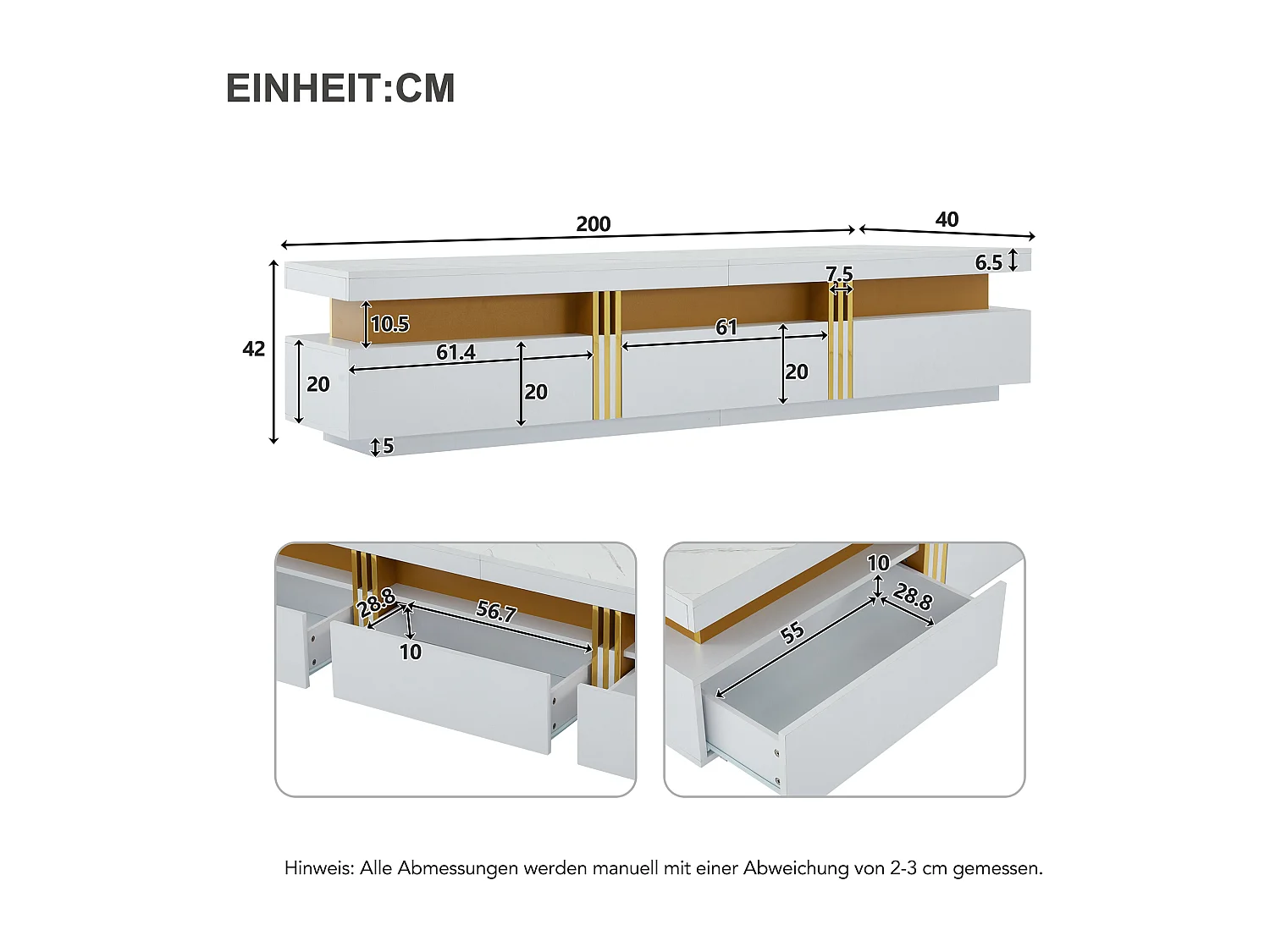 Mobiletto TV 200x40x42cm, Effetto Marmo, 3 cassetti, per televisori fino a 90 pollici