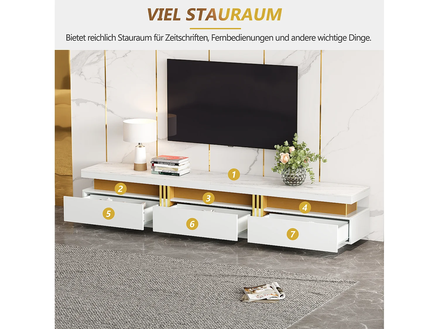 Mobiletto TV 200x40x42cm, Effetto Marmo, 3 cassetti, per televisori fino a 90 pollici