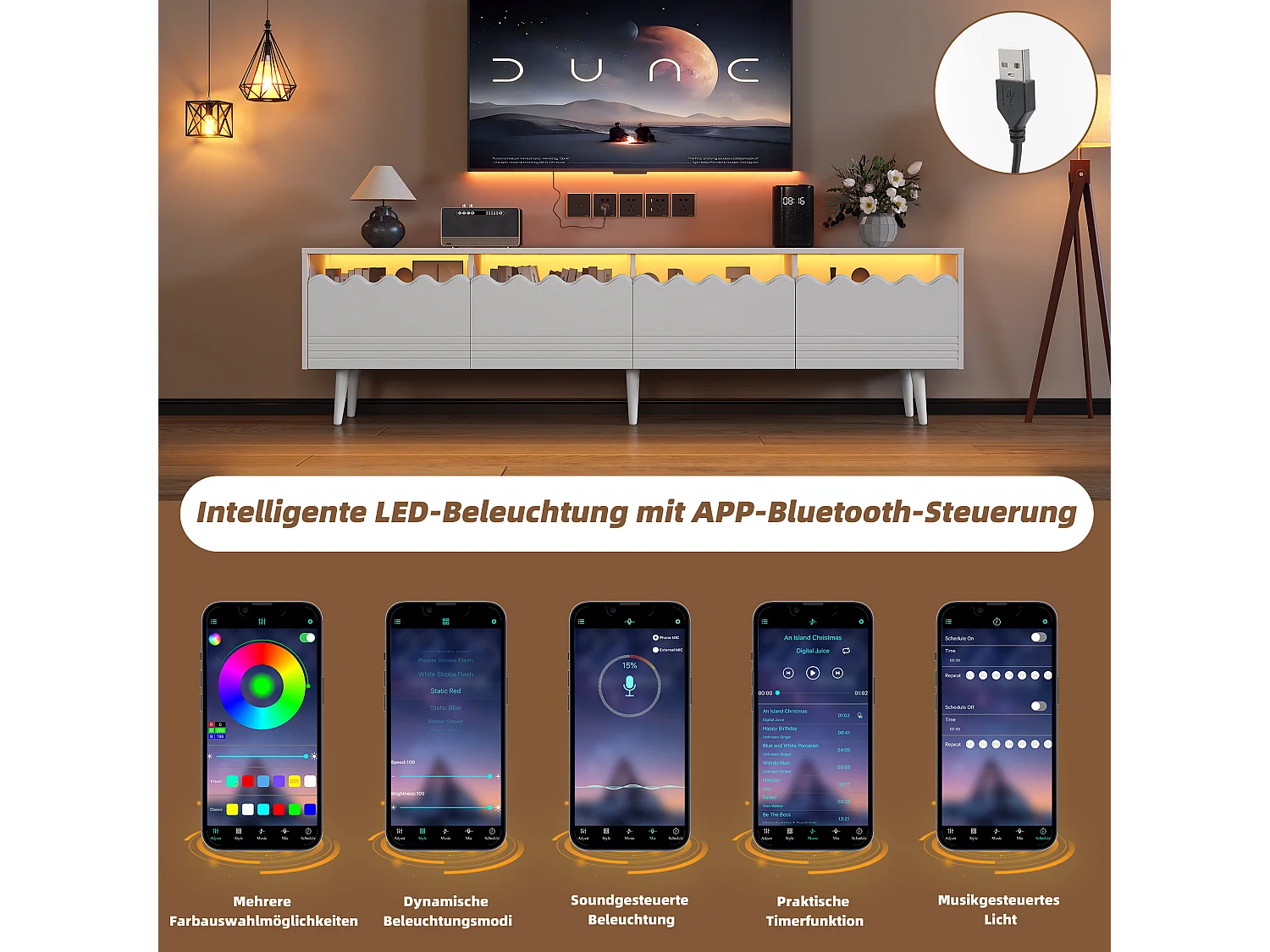 Meuble TV 176x38x45cm, 6 pieds, 2 tiroirs et 2 caissons, jusqu'à 75 pouces, blanc