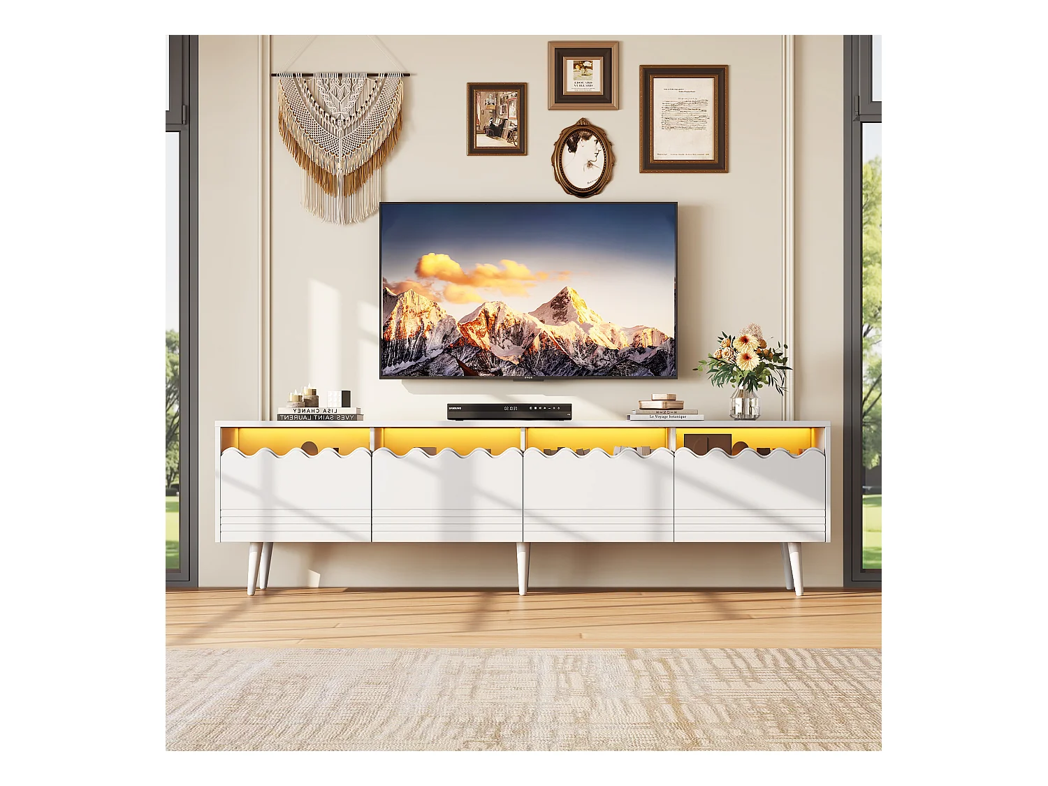 Meuble TV 176x38x45cm, 6 pieds, 2 tiroirs et 2 caissons, jusqu'à 75 pouces, blanc