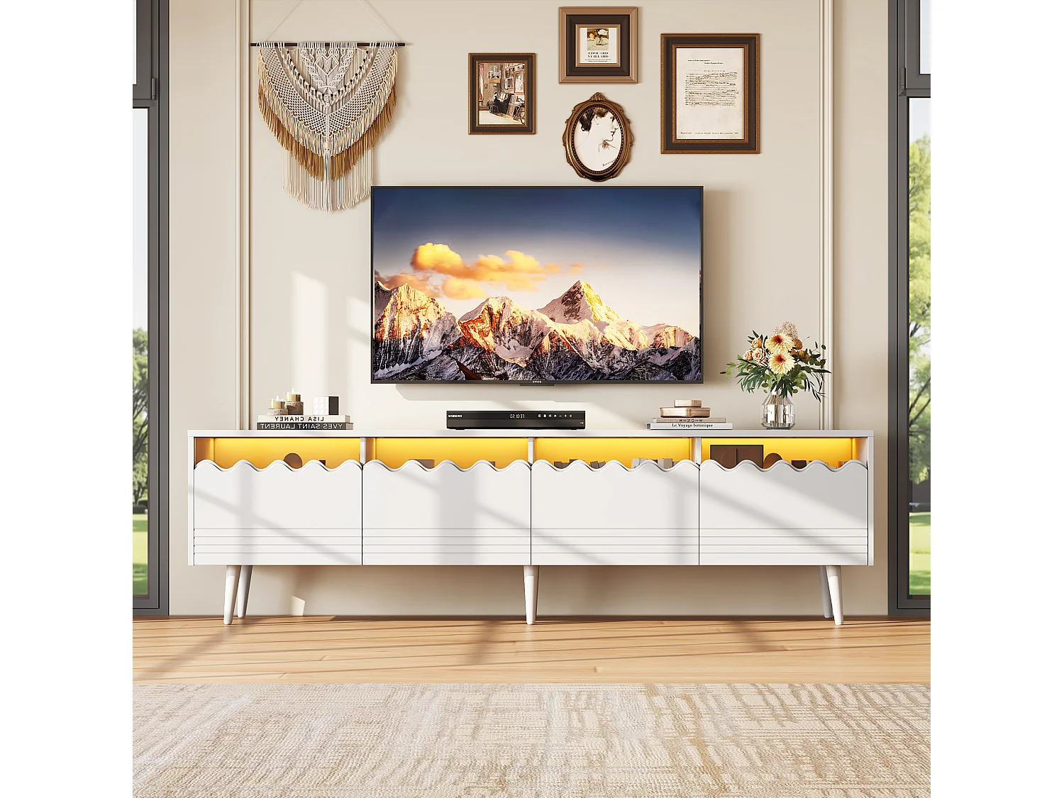Meuble TV 176x38x45cm, 6 pieds, 2 tiroirs et 2 caissons, jusqu'à 75 pouces, blanc