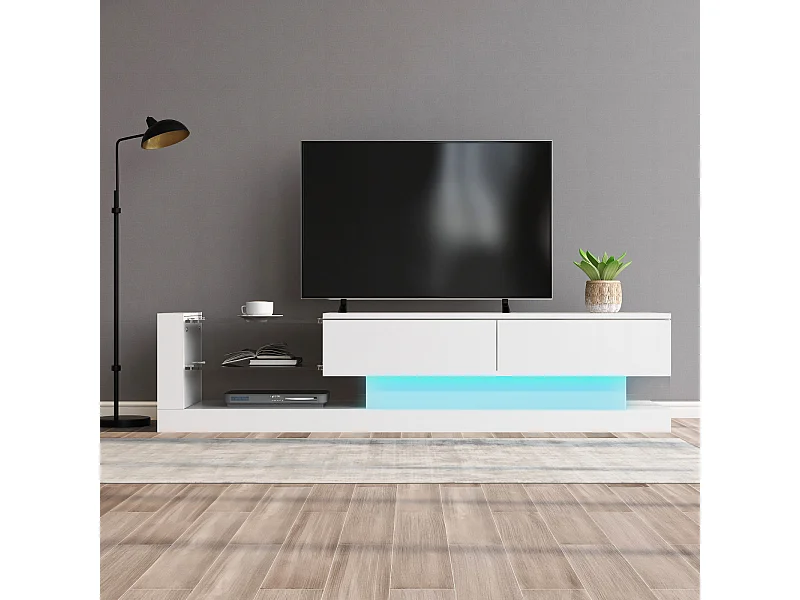Meuble TV 140 cm, blanc brillant, LED 16 couleurs, jusqu'à 60 pouces, élégant et fonctionnel