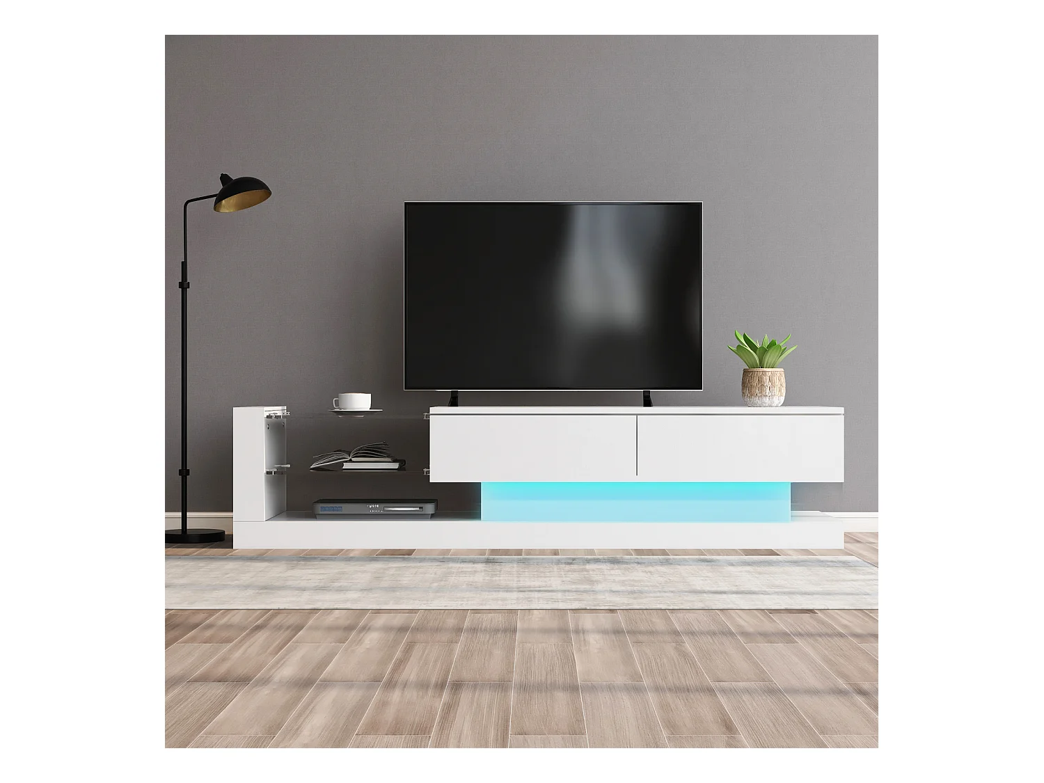 Meuble TV 140 cm, blanc brillant, LED 16 couleurs, jusqu'à 60 pouces, élégant et fonctionnel