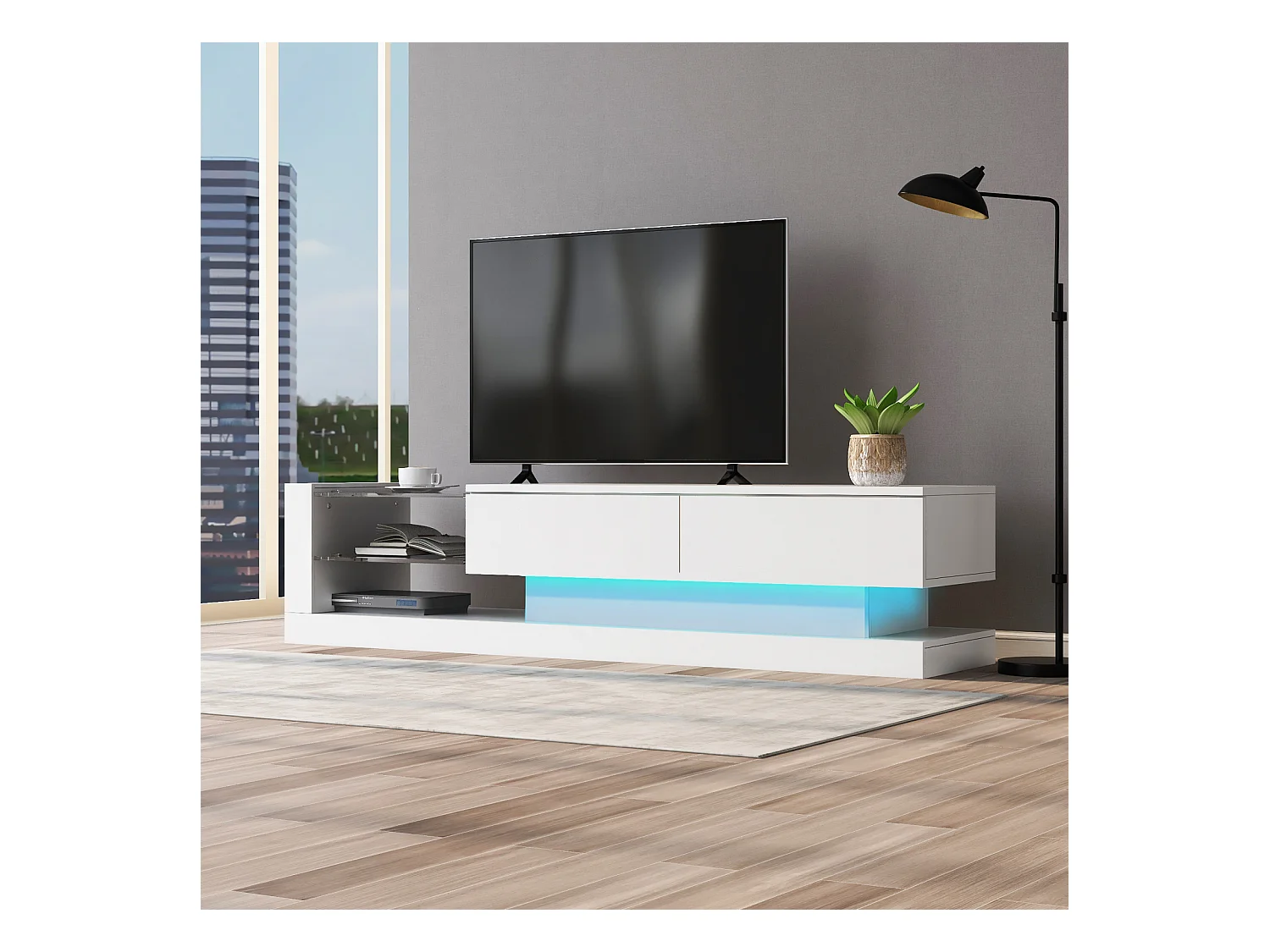 Meuble TV 140 cm, blanc brillant, LED 16 couleurs, jusqu'à 60 pouces, élégant et fonctionnel