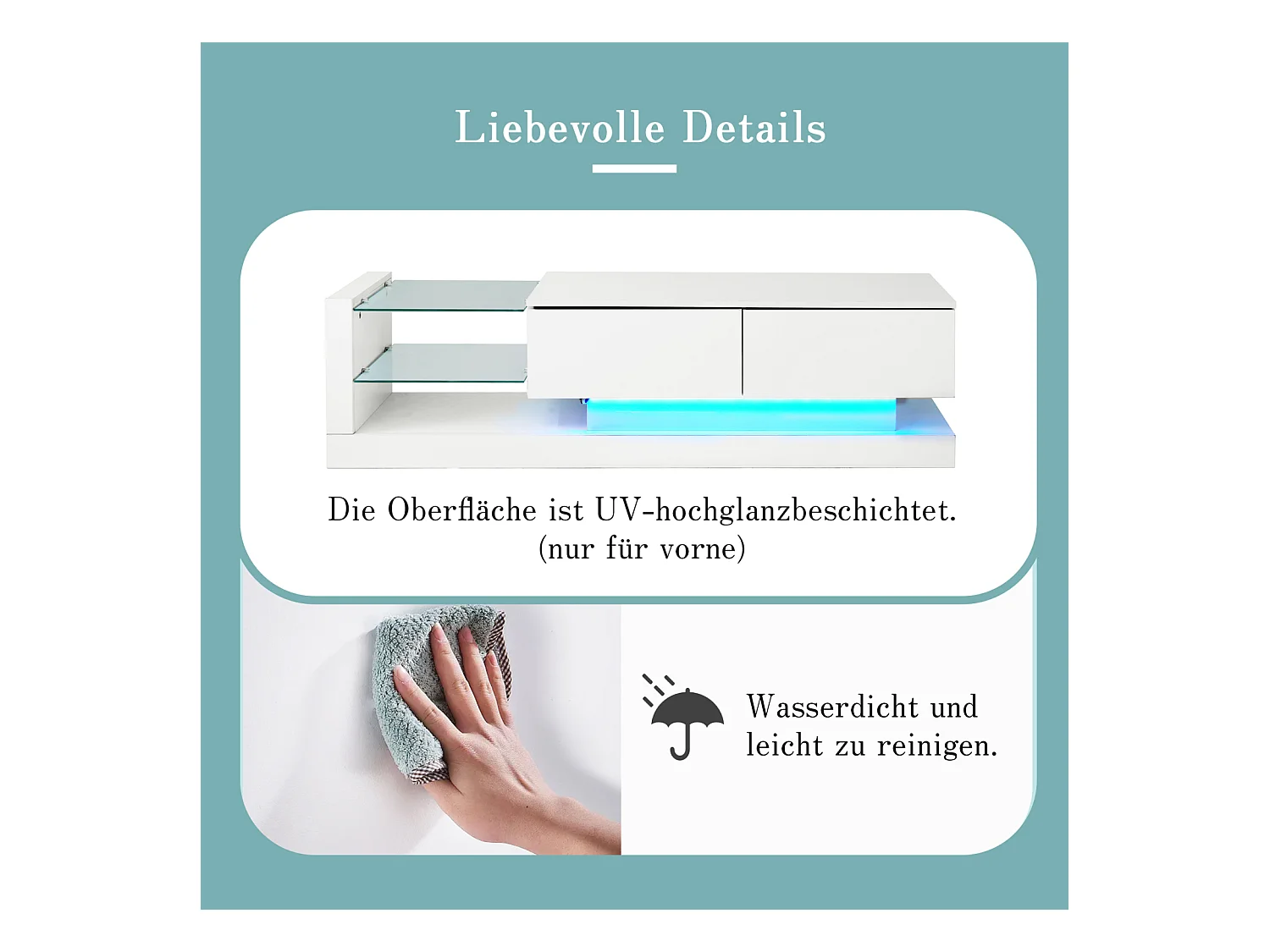 Meuble TV 140 cm, blanc brillant, LED 16 couleurs, jusqu'à 60 pouces, élégant et fonctionnel