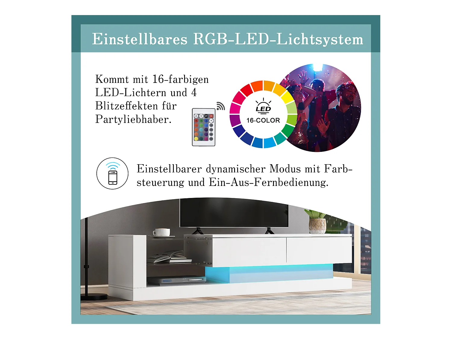 Meuble TV 140 cm, blanc brillant, LED 16 couleurs, jusqu'à 60 pouces, élégant et fonctionnel