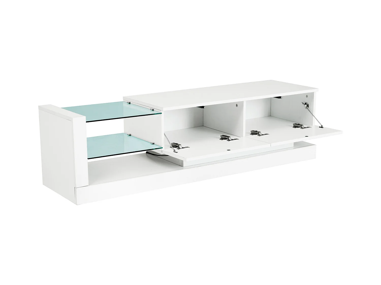 Meuble TV 140 cm, blanc brillant, LED 16 couleurs, jusqu'à 60 pouces, élégant et fonctionnel