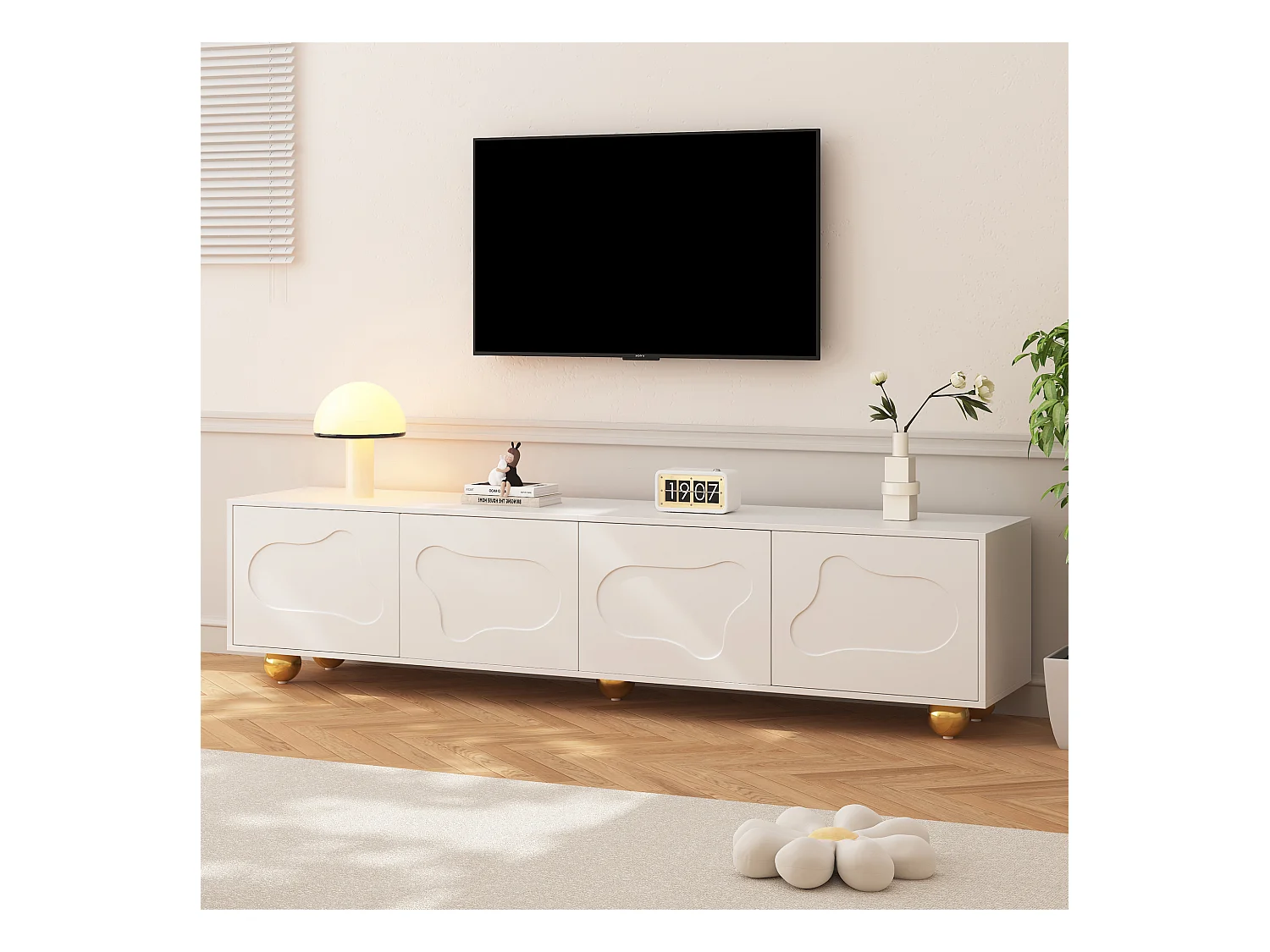 Meuble TV 180x40x45cm, design cartoon, forme nuage, 5 pieds, jusqu'à 75 pouces
