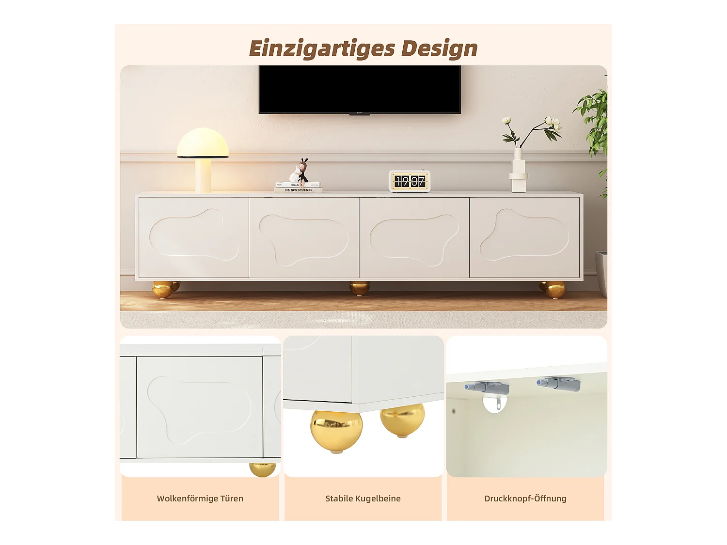 Meuble TV 180x40x45cm, design cartoon, forme nuage, 5 pieds, jusqu'à 75 pouces