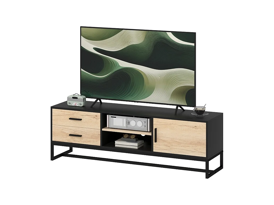 Meuble TV avec porte, 2 tiroirs, compartiments ouverts, étagère réglable, noir