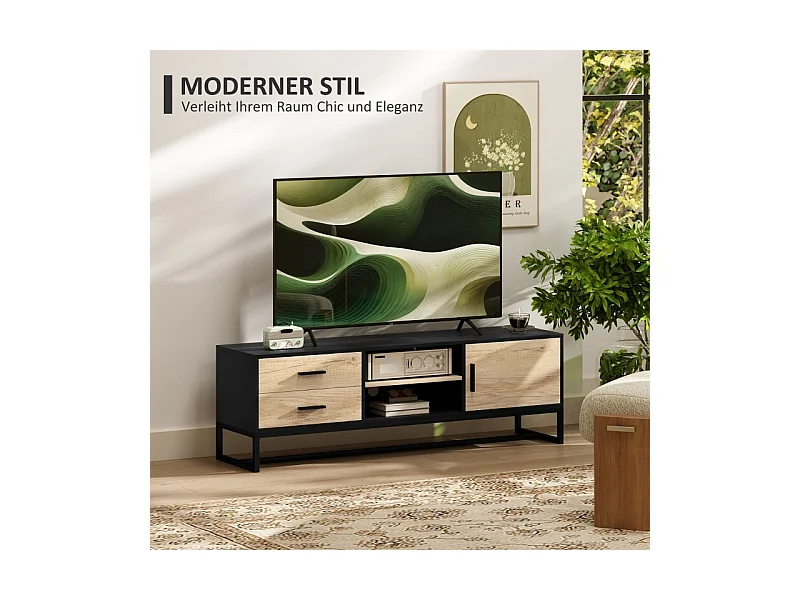 Meuble TV avec porte, 2 tiroirs, compartiments ouverts, étagère réglable, noir