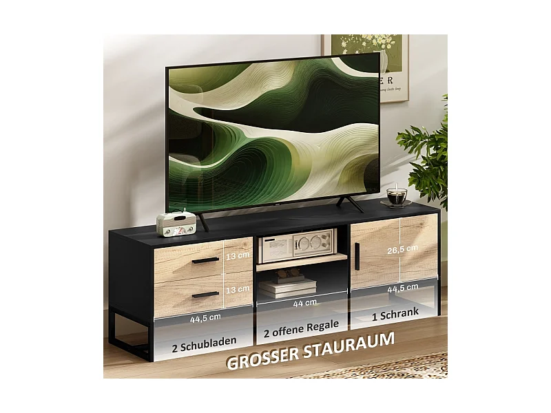 Meuble TV avec porte, 2 tiroirs, compartiments ouverts, étagère réglable, noir