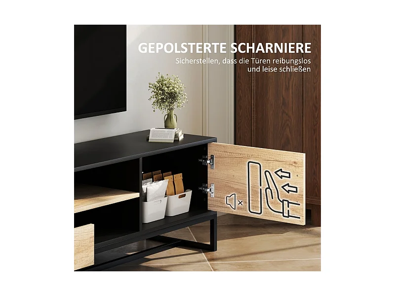 Meuble TV avec porte, 2 tiroirs, compartiments ouverts, étagère réglable, noir