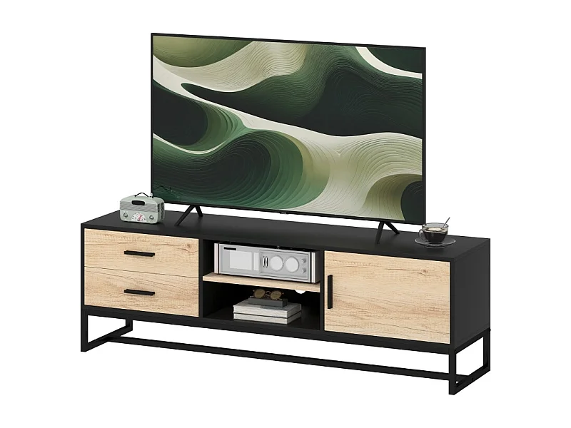 Meuble TV avec porte, 2 tiroirs, compartiments ouverts, étagère réglable, noir