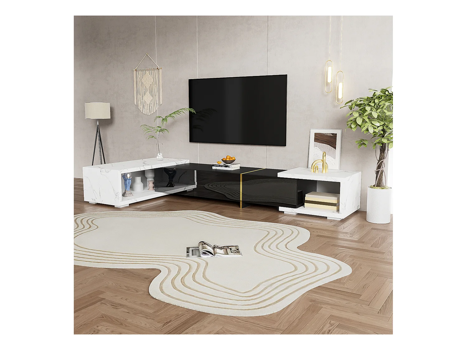 Meuble TV, longueur variable 140-260cm, rotatif, aspect marbre, décorations dorées