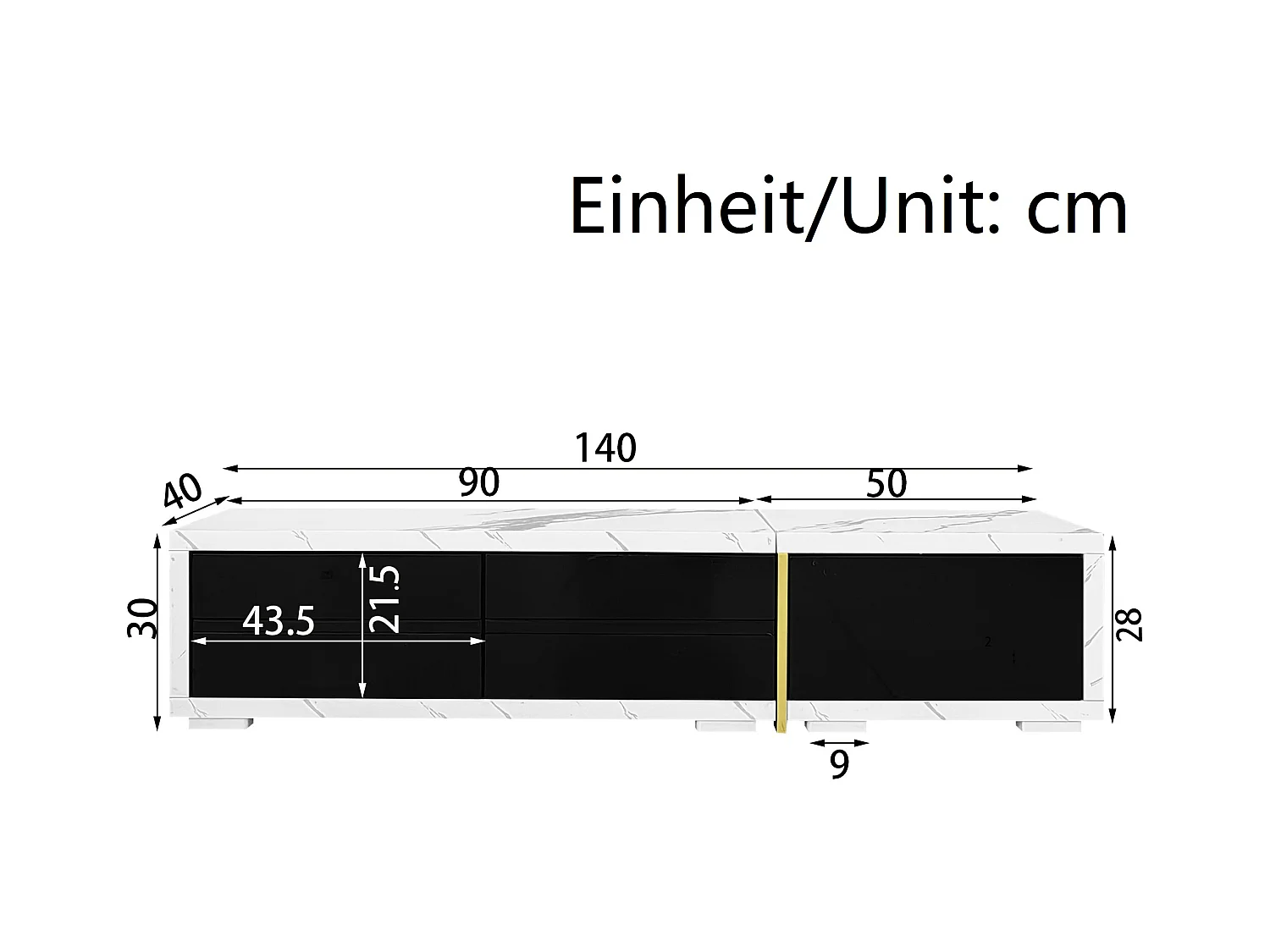 Meuble TV, longueur variable 140-260cm, rotatif, aspect marbre, décorations dorées
