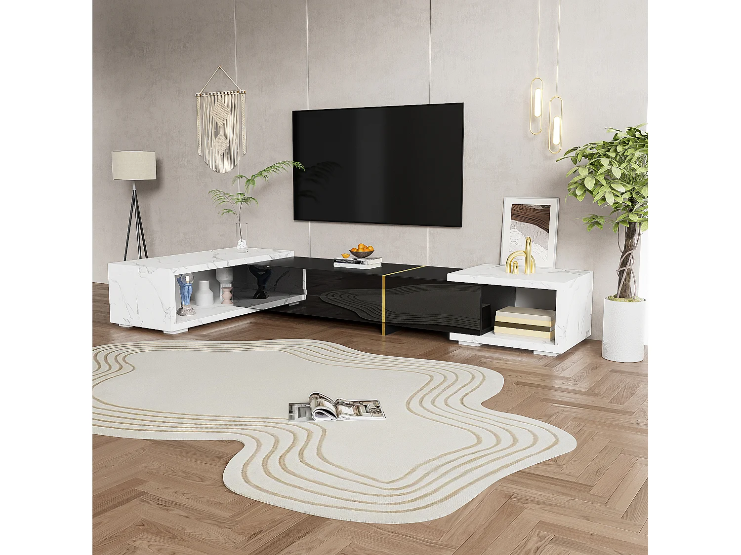 Meuble TV, longueur variable 140-260cm, rotatif, aspect marbre, décorations dorées