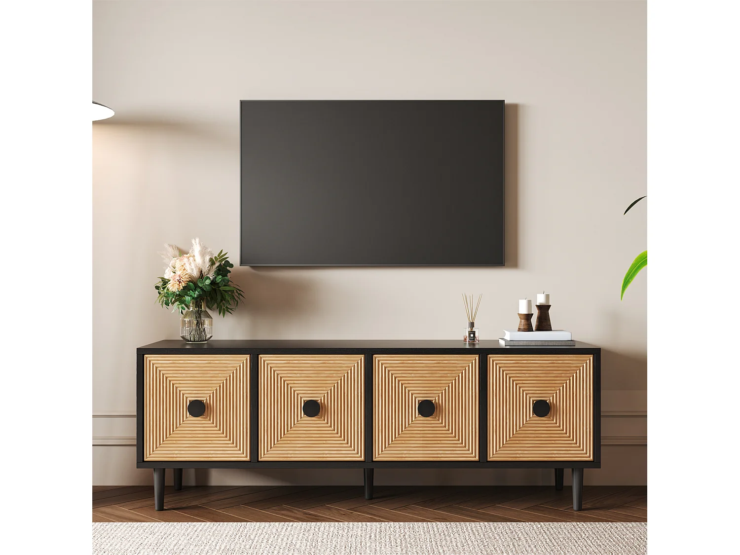 TV-Schrank 150x38x55cm, schwarz, aus Bambus, Lowboard mit Stauraum