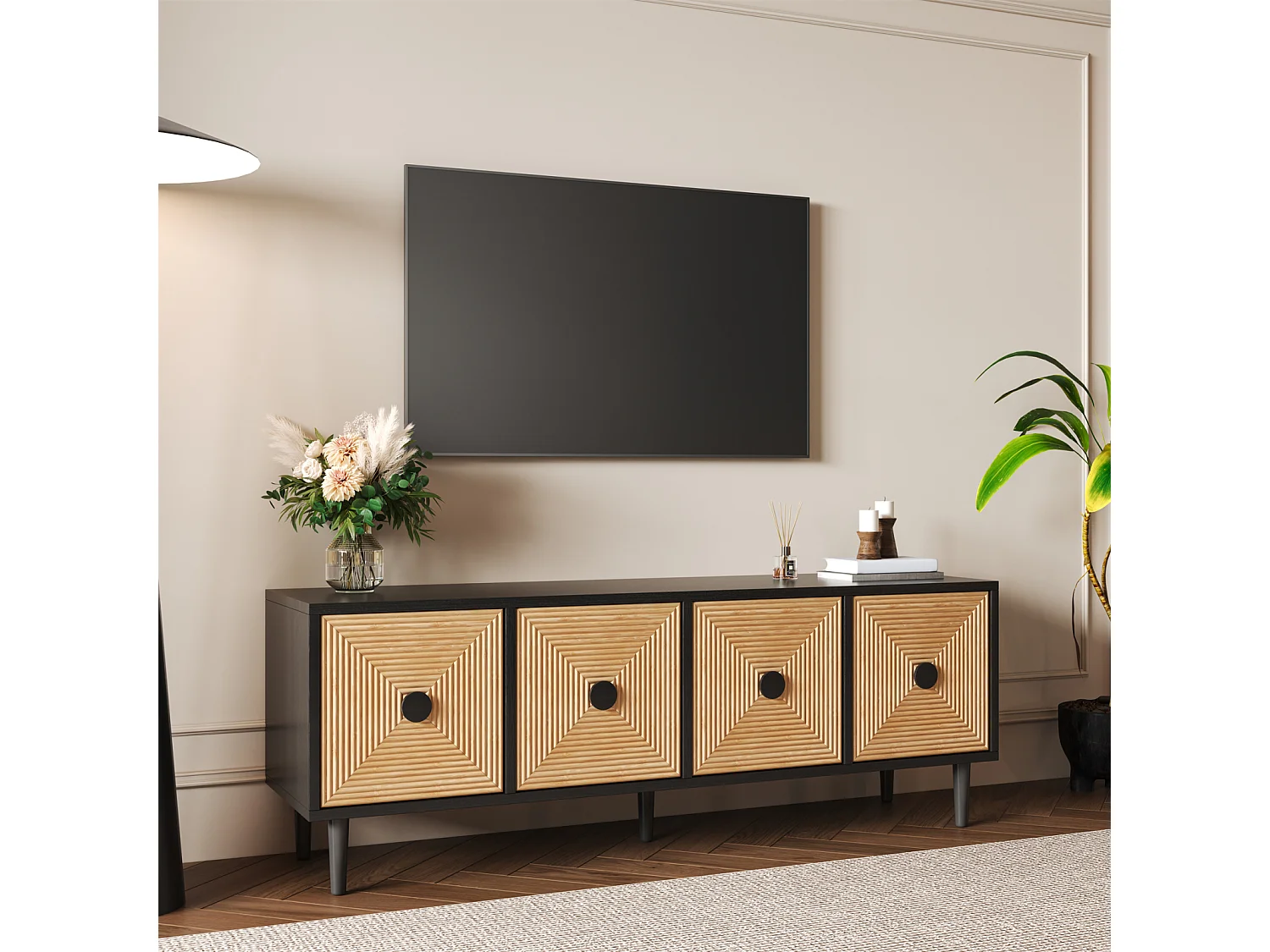 TV-Schrank 150x38x55cm, schwarz, aus Bambus, Lowboard mit Stauraum