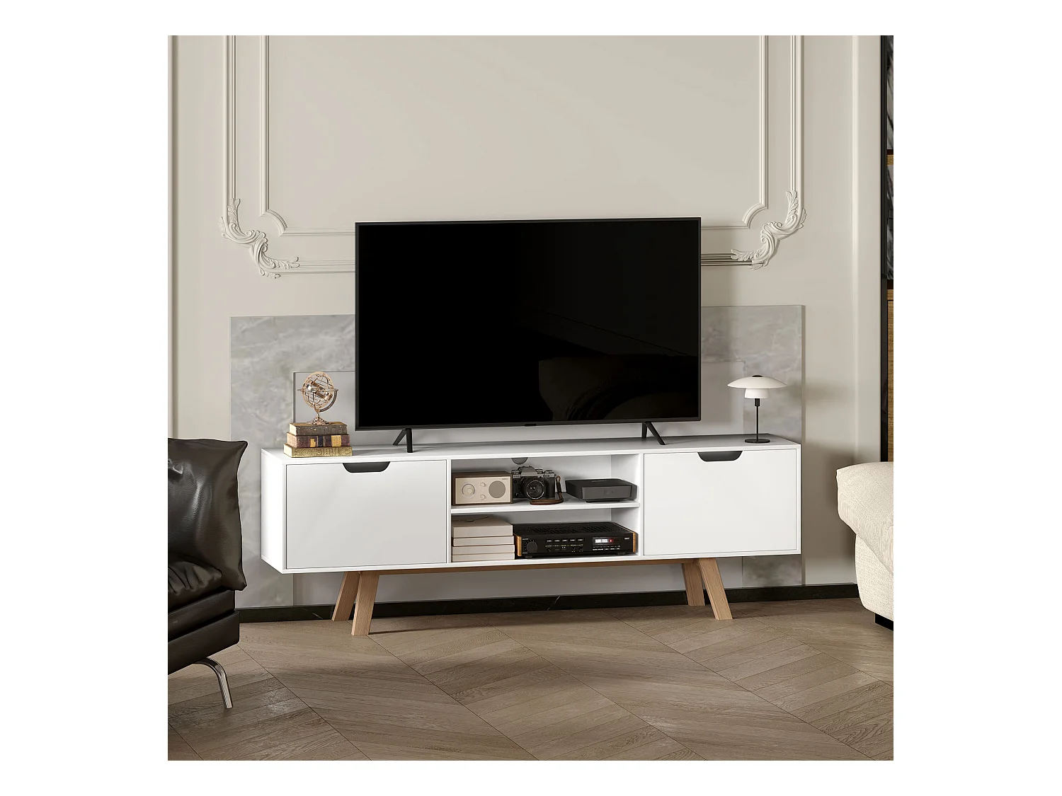 Meuble TV 150x39x50cm, 2 caissons et 2 étagères, jusqu'à 65 pouces, blanc