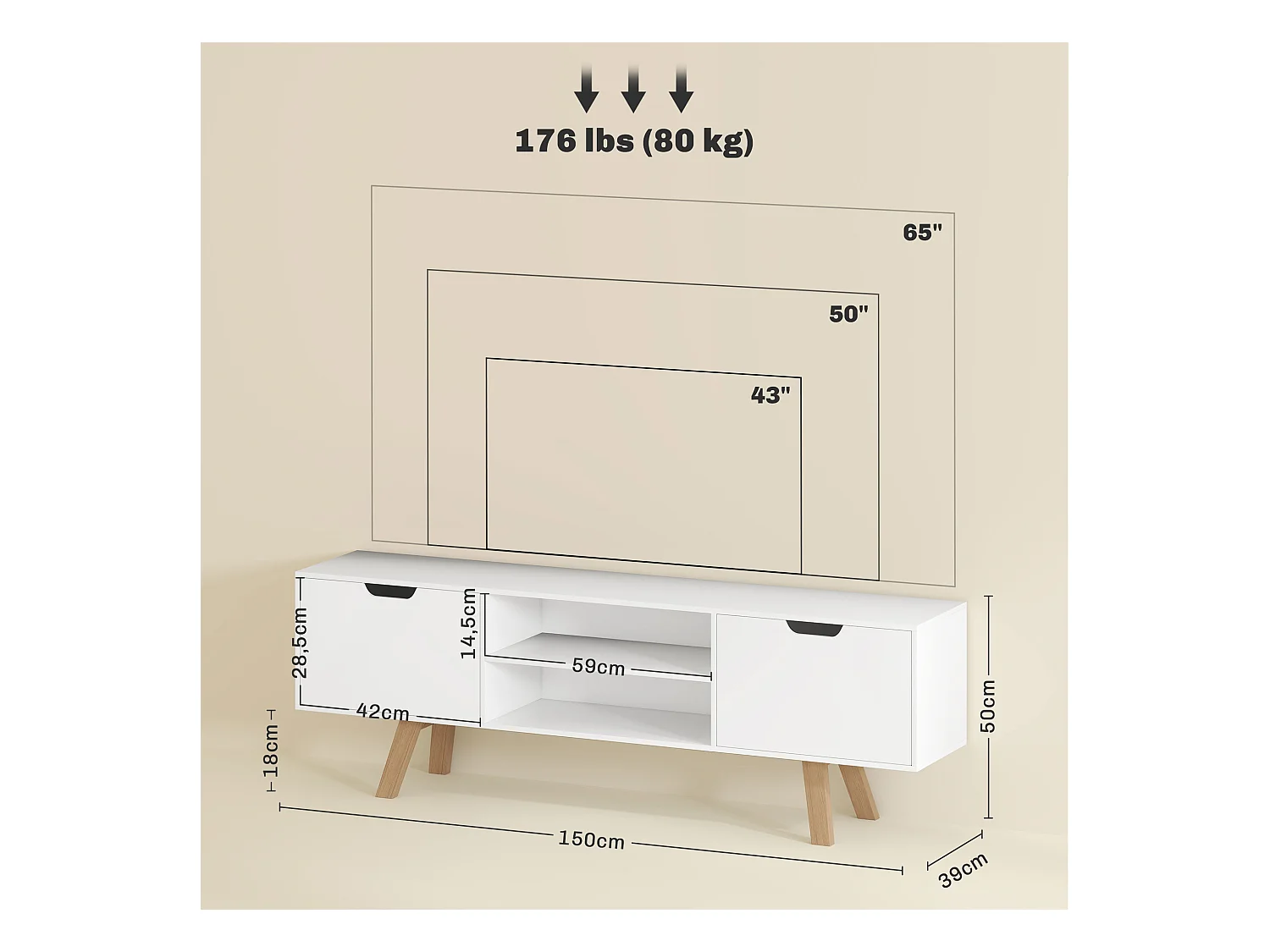 Meuble TV 150x39x50cm, 2 caissons et 2 étagères, jusqu'à 65 pouces, blanc