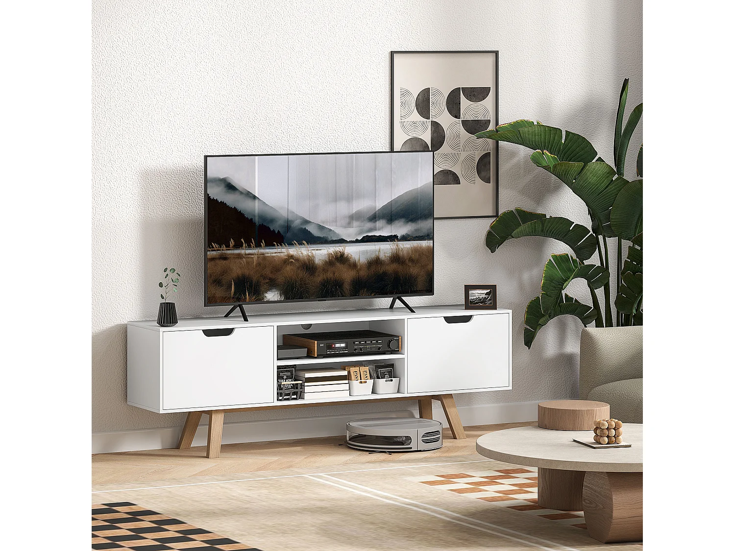 Meuble TV 150x39x50cm, 2 caissons et 2 étagères, jusqu'à 65 pouces, blanc