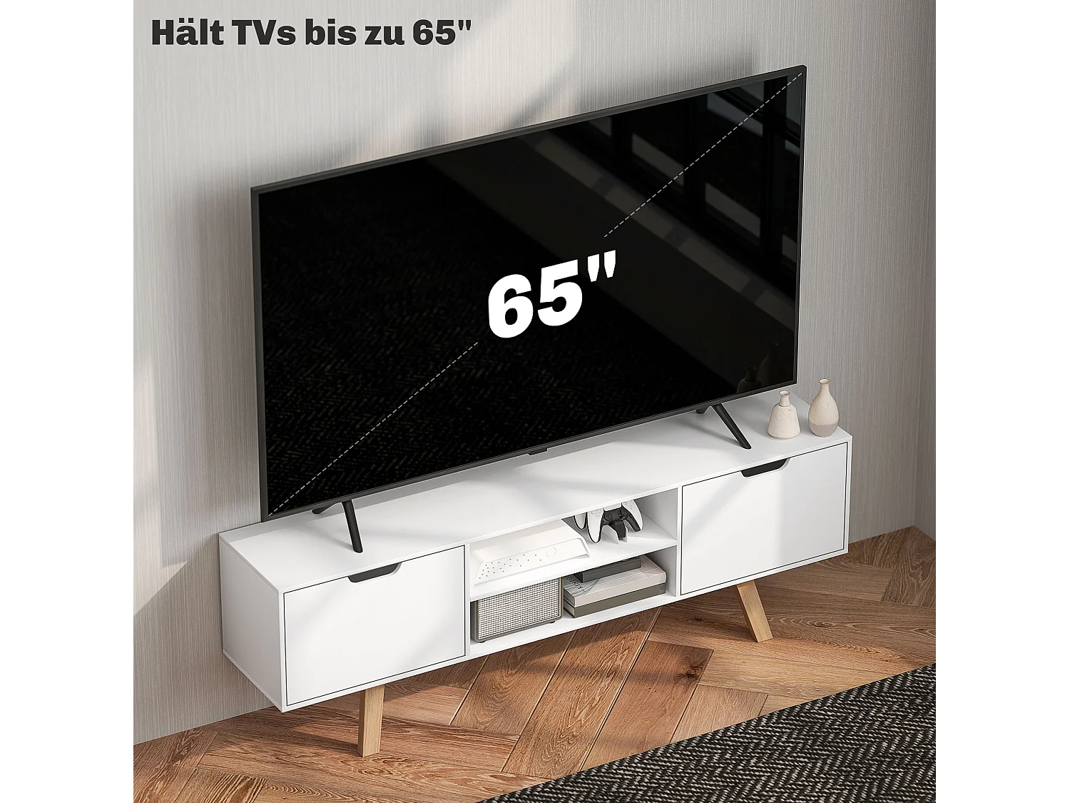 Meuble TV 150x39x50cm, 2 caissons et 2 étagères, jusqu'à 65 pouces, blanc