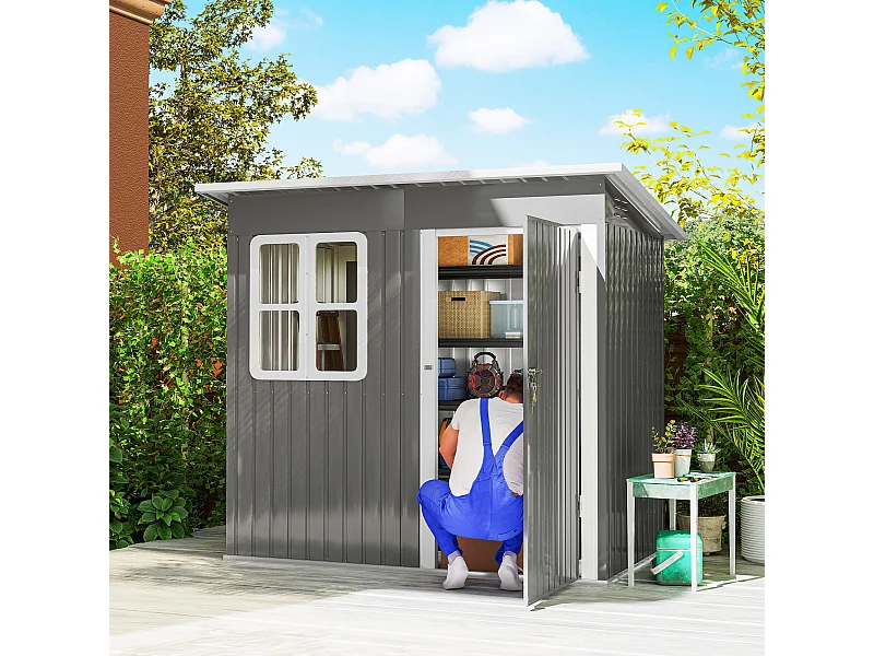 Casetta da giardino con porta bloccabile in acciaio grigio
