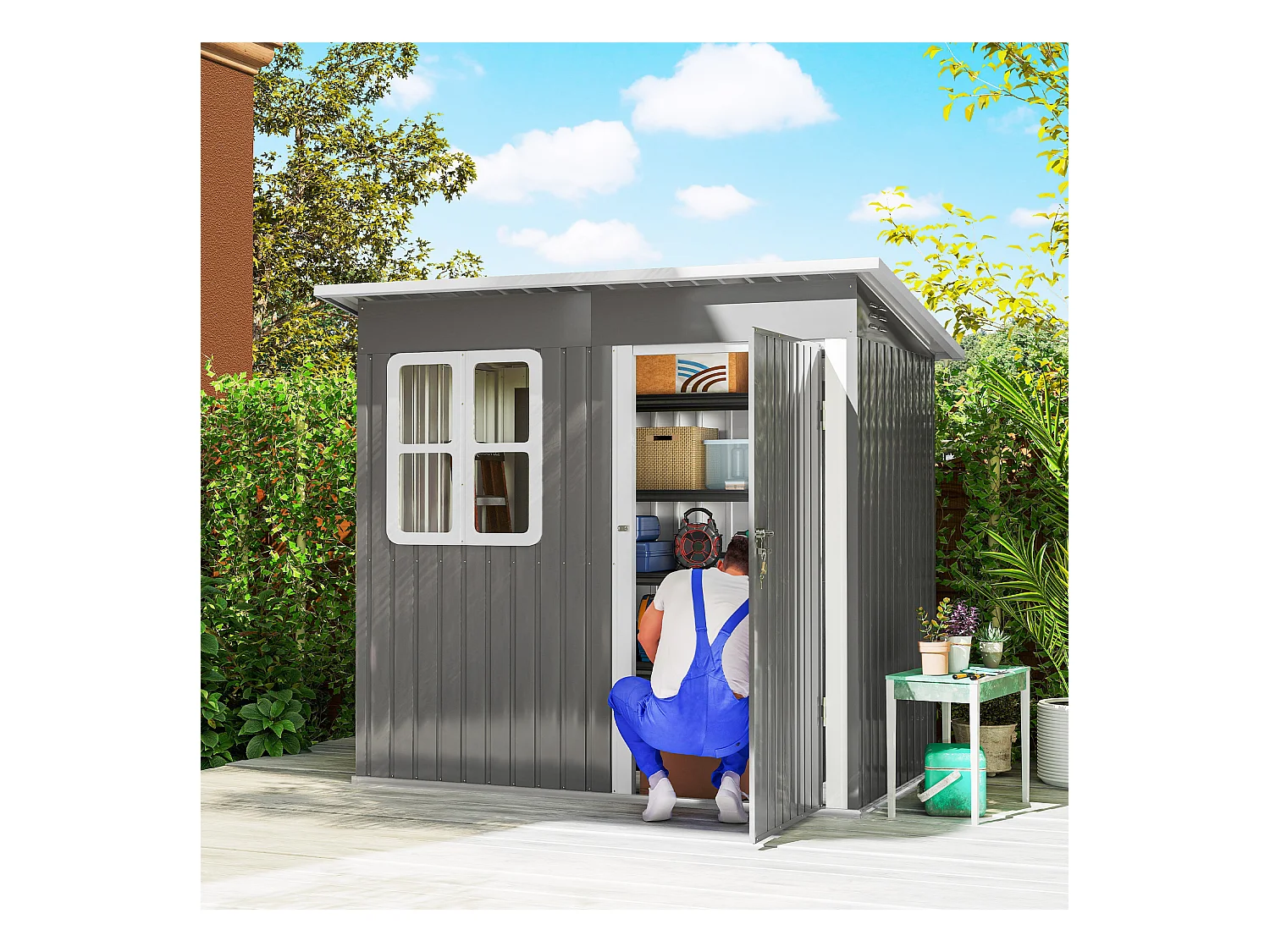 Casetta da giardino con porta bloccabile in acciaio grigio