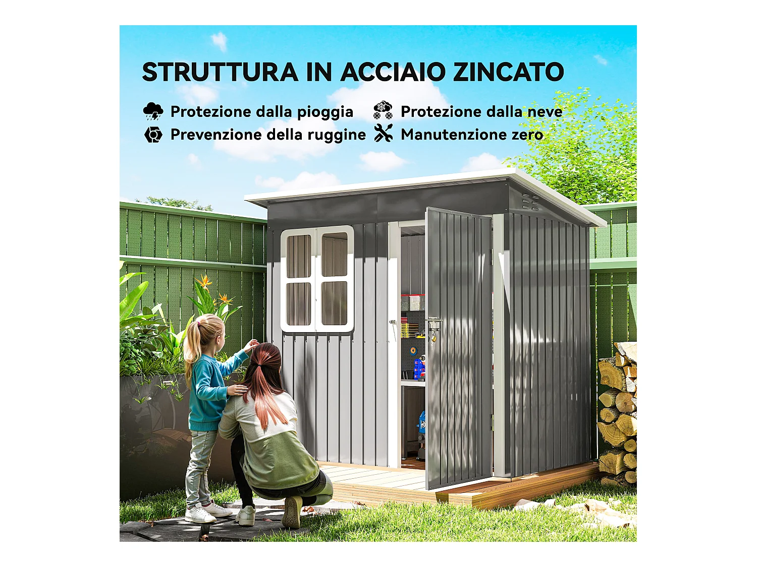 Casetta da giardino con porta bloccabile in acciaio grigio