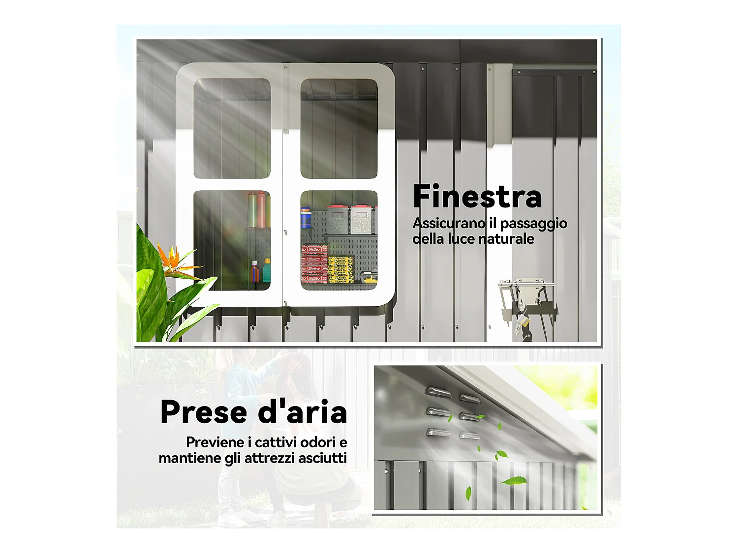 Casetta da giardino con porta bloccabile in acciaio grigio