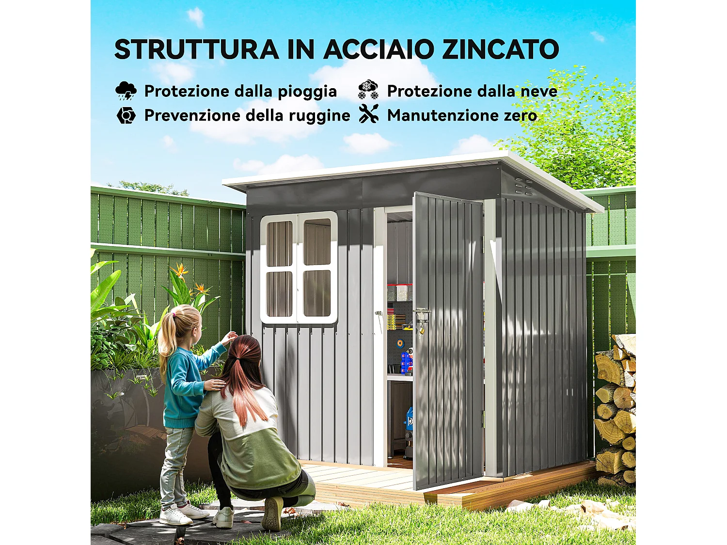 Casetta da giardino con porta bloccabile in acciaio grigio