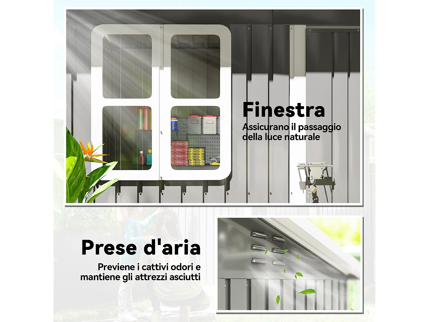 Casetta da giardino con porta bloccabile in acciaio grigio